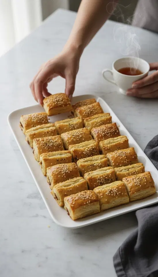 Golden baked pastry savouries arranged on a white sharing platter